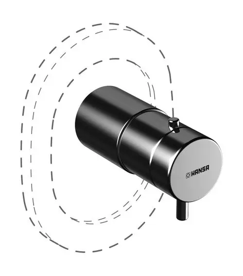 Thermostatbatterie in glänzendem Metall mit Hebel und Auslauf. Das Produkt zeigt eine klare Bauform und ist mit dem Markenlogo "HANSA" versehen.